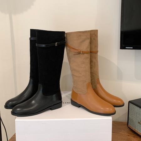 X-32841# 网红同款复古真皮圆头平底中筒靴女皮带扣宽筒显瘦西部牛仔靴 鞋子批发女鞋批发货源