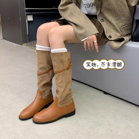 X-32841# 网红同款复古真皮圆头平底中筒靴女皮带扣宽筒显瘦西部牛仔靴 鞋子批发女鞋批发货源