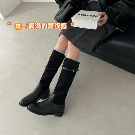 X-32841# 网红同款复古真皮圆头平底中筒靴女皮带扣宽筒显瘦西部牛仔靴 鞋子批发女鞋批发货源