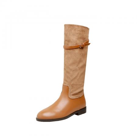 X-32841# 网红同款复古真皮圆头平底中筒靴女皮带扣宽筒显瘦西部牛仔靴 鞋子批发女鞋批发货源