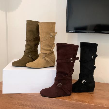 X-32842# 网红同款增高6cm韩系圆头扣带柔软褶皱显瘦中筒靴女高跟靴 鞋子批发女鞋批发货源