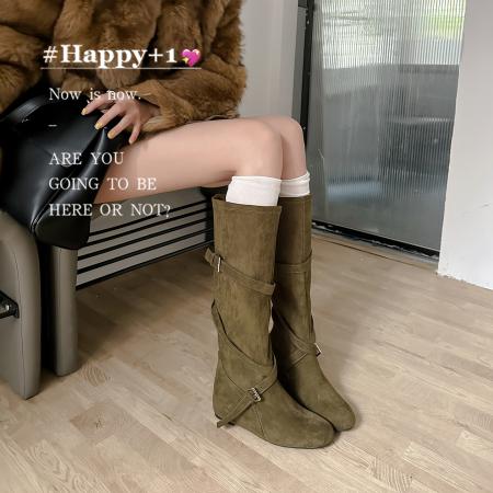 X-32842# 网红同款增高6cm韩系圆头扣带柔软褶皱显瘦中筒靴女高跟靴 鞋子批发女鞋批发货源