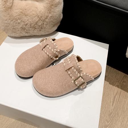 X-32843# 加绒保暖毛毛鞋女款外穿新款秋冬厚底包头半拖鞋一脚蹬勃肯鞋 鞋子批发女鞋批发货源