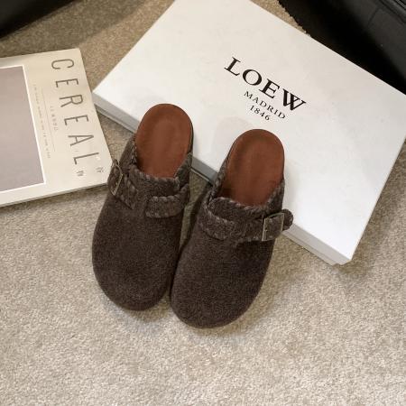 X-32843# 加绒保暖毛毛鞋女款外穿新款秋冬厚底包头半拖鞋一脚蹬勃肯鞋 鞋子批发女鞋批发货源