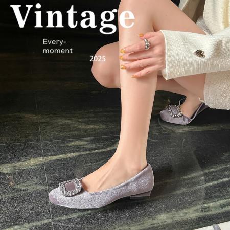 X-32845# 秋冬新款贵气闪闪钻扣圆头高跟鞋舒适粗跟绒面浅口单鞋女 鞋子批发女鞋批发货源