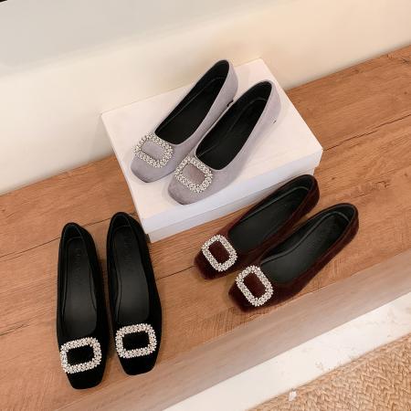 X-32845# 秋冬新款贵气闪闪钻扣圆头高跟鞋舒适粗跟绒面浅口单鞋女 鞋子批发女鞋批发货源