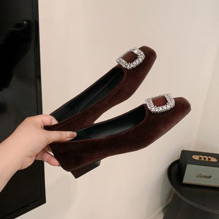 X-32845# 秋冬新款贵气闪闪钻扣圆头高跟鞋舒适粗跟绒面浅口单鞋女 鞋子批发女鞋批发货源