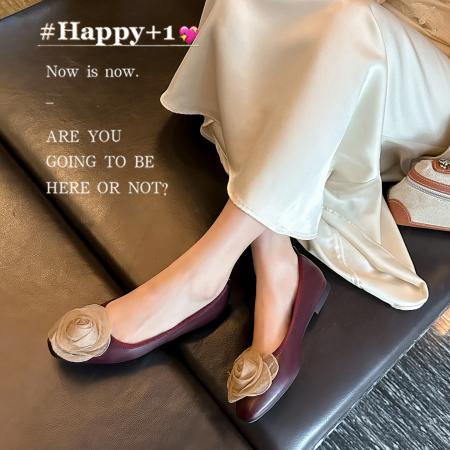 X-32846# 软皮版法式复古方头浅口单鞋女新款配裙子文艺风花朵平底鞋 鞋子批发女鞋批发货源