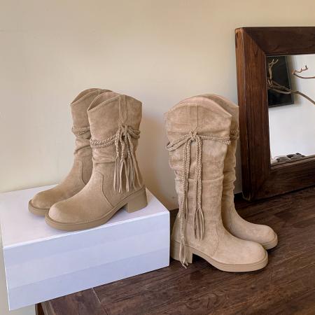 X-32853# 秋冬上新埃及靴流苏粗跟中高筒长靴西部牛仔靴女堆堆瘦瘦靴 鞋子批发女鞋批发货源