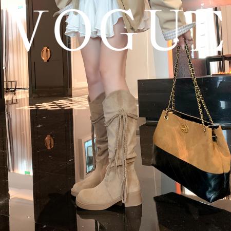 X-32853# 秋冬上新埃及靴流苏粗跟中高筒长靴西部牛仔靴女堆堆瘦瘦靴 鞋子批发女鞋批发货源