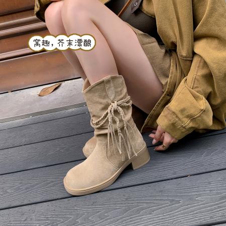 X-32853# 秋冬上新埃及靴流苏粗跟中高筒长靴西部牛仔靴女堆堆瘦瘦靴 鞋子批发女鞋批发货源