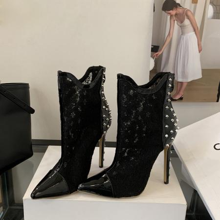 X-32858# 新款欧美金典黑色性感蕾丝铆钉高跟靴 鞋子批发女鞋批发货源