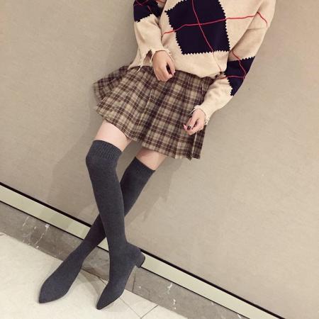 X-32861# 弹力袜子靴女新款女百搭长筒针织过膝粗跟尖头瘦瘦靴高筒靴女 鞋子批发女鞋批发货源