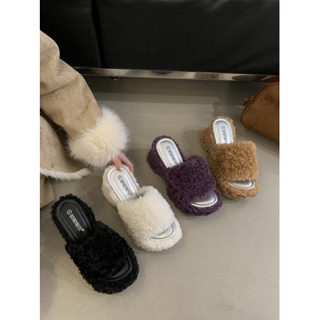 X-32862# 巨显腿长坡跟露趾一字毛毛拖鞋女秋冬外穿松糕厚底高跟凉拖鞋 鞋子批发女鞋批发货源