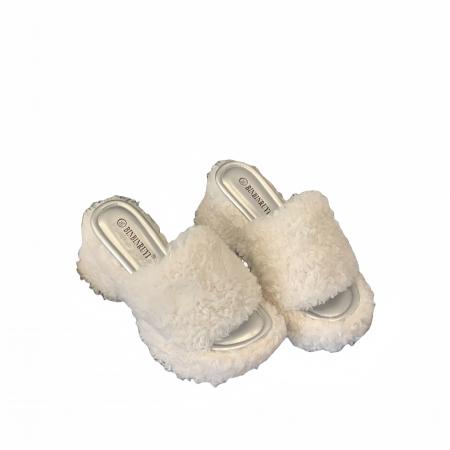 X-32862# 巨显腿长坡跟露趾一字毛毛拖鞋女秋冬外穿松糕厚底高跟凉拖鞋 鞋子批发女鞋批发货源