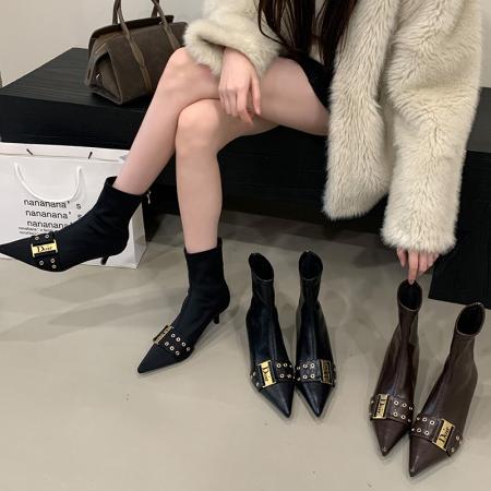 X-32863# 瘦瘦靴欧美时尚皮带装饰尖头时装靴细高跟短筒短靴女气质弹力靴子 鞋子批发女鞋批发货源