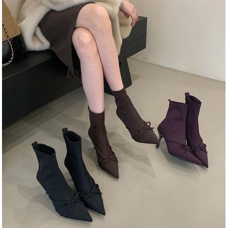 X-32864# 尖头短靴女秋冬季新款女靴细跟靴子蝴蝶结高跟鞋短筒靴瘦瘦靴 鞋子批发女鞋批发货源