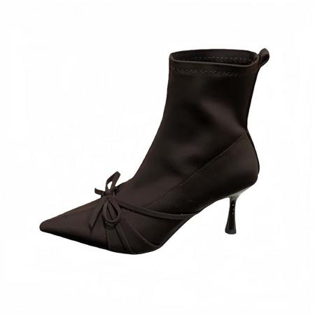 X-32864# 尖头短靴女秋冬季新款女靴细跟靴子蝴蝶结高跟鞋短筒靴瘦瘦靴 鞋子批发女鞋批发货源