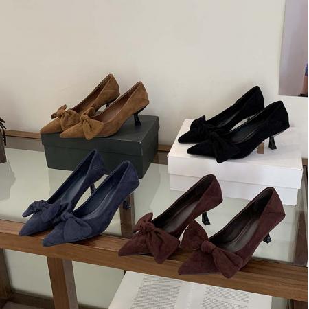 X-32865# 秋季新款尖头绒面蝴蝶结复古高跟鞋女时尚百搭细跟通勤单鞋 鞋子批发女鞋批发货源