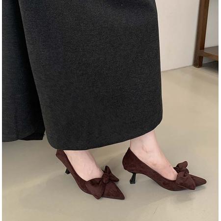 X-32865# 秋季新款尖头绒面蝴蝶结复古高跟鞋女时尚百搭细跟通勤单鞋 鞋子批发女鞋批发货源