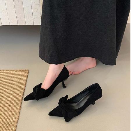 X-32865# 秋季新款尖头绒面蝴蝶结复古高跟鞋女时尚百搭细跟通勤单鞋 鞋子批发女鞋批发货源