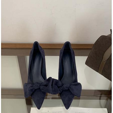 X-32865# 秋季新款尖头绒面蝴蝶结复古高跟鞋女时尚百搭细跟通勤单鞋 鞋子批发女鞋批发货源