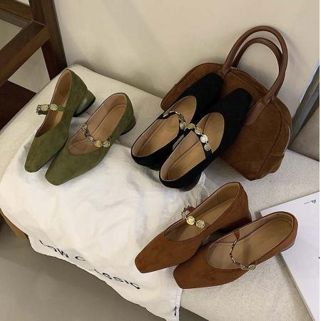 X-32866# 绿色鞋子鞋子女新款爆款秋冬麂皮方头金币链条丝绒玛丽珍女鞋 鞋子批发女鞋批发货源