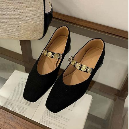 X-32866# 绿色鞋子鞋子女新款爆款秋冬麂皮方头金币链条丝绒玛丽珍女鞋 鞋子批发女鞋批发货源