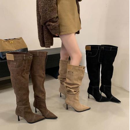 X-32867# 高跟辣妹风尖头牛仔靴女鞋秋冬新款堆堆靴细跟复古法式单靴 鞋子批发女鞋批发货源