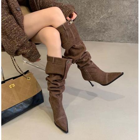 X-32867# 高跟辣妹风尖头牛仔靴女鞋秋冬新款堆堆靴细跟复古法式单靴 鞋子批发女鞋批发货源