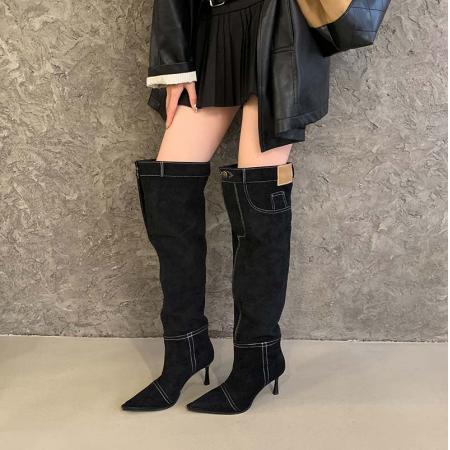 X-32867# 高跟辣妹风尖头牛仔靴女鞋秋冬新款堆堆靴细跟复古法式单靴 鞋子批发女鞋批发货源