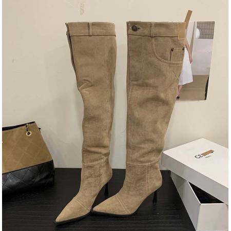 X-32867# 高跟辣妹风尖头牛仔靴女鞋秋冬新款堆堆靴细跟复古法式单靴 鞋子批发女鞋批发货源