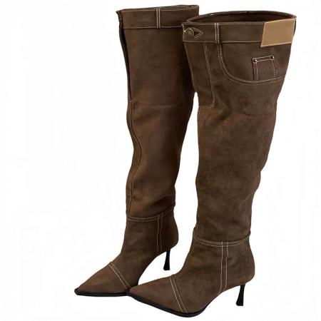 X-32867# 高跟辣妹风尖头牛仔靴女鞋秋冬新款堆堆靴细跟复古法式单靴 鞋子批发女鞋批发货源