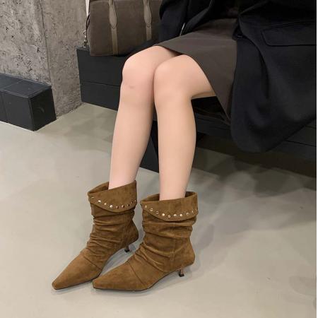 X-32869# 欧美时尚铆钉褶皱堆堆靴女新款绒面小方头细跟显瘦气质短靴 鞋子批发女鞋批发货源