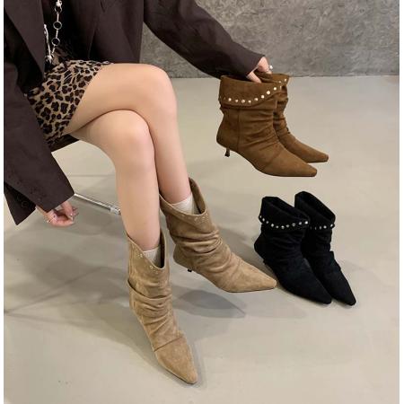 X-32869# 欧美时尚铆钉褶皱堆堆靴女新款绒面小方头细跟显瘦气质短靴 鞋子批发女鞋批发货源