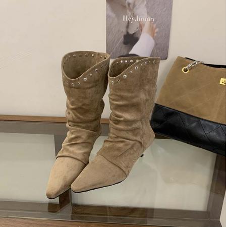 X-32869# 欧美时尚铆钉褶皱堆堆靴女新款绒面小方头细跟显瘦气质短靴 鞋子批发女鞋批发货源