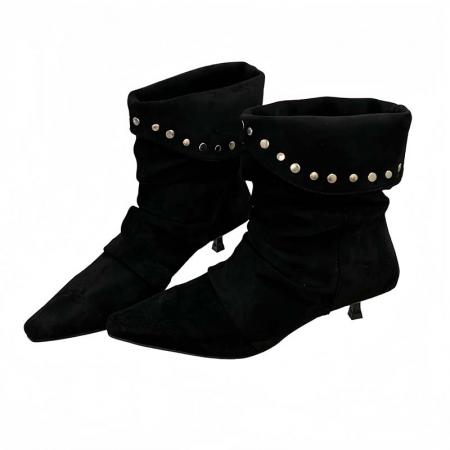 X-32869# 欧美时尚铆钉褶皱堆堆靴女新款绒面小方头细跟显瘦气质短靴 鞋子批发女鞋批发货源