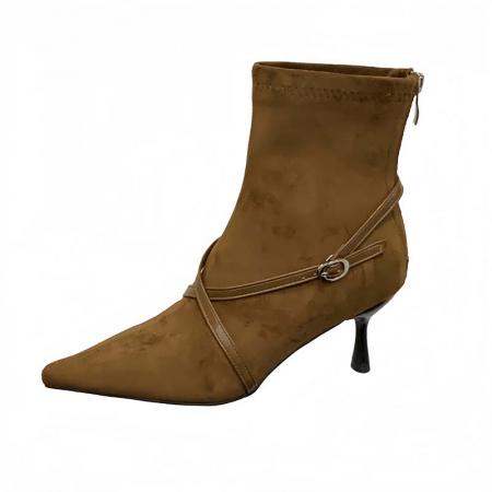 X-32870# 欧美交叉皮带扣高跟短靴秋冬新款绒面尖头细跟后拉链瘦瘦靴 鞋子批发女鞋批发货源