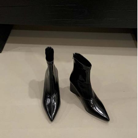 X-32871# 坡跟高跟短靴新款秋冬尖头弹力瘦瘦靴子黑色复古百搭马丁靴女 鞋子批发女鞋批发货源