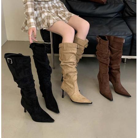 X-32872# 性感尖头绒面褶皱堆堆靴女高跟时尚皮带扣高筒瘦瘦靴细跟欧美长靴 鞋子批发女鞋批发货源