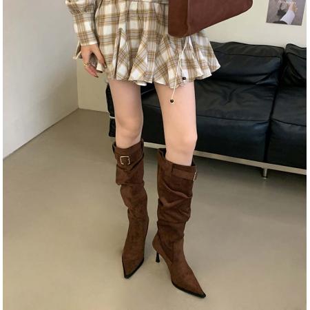 X-32872# 性感尖头绒面褶皱堆堆靴女高跟时尚皮带扣高筒瘦瘦靴细跟欧美长靴 鞋子批发女鞋批发货源