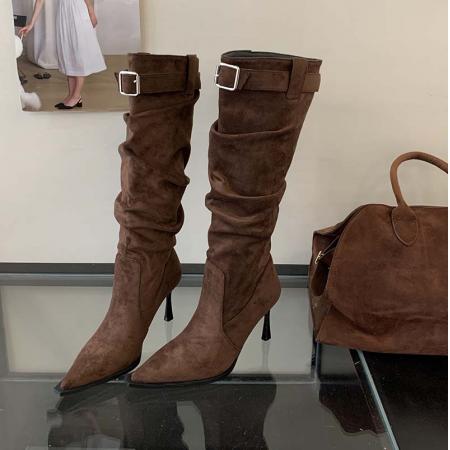 X-32872# 性感尖头绒面褶皱堆堆靴女高跟时尚皮带扣高筒瘦瘦靴细跟欧美长靴 鞋子批发女鞋批发货源