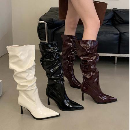 X-32873# 复古堆堆靴女高跟尖头长筒靴秋冬新款细跟欧美骑士长靴西部牛仔靴 鞋子批发女鞋批发货源