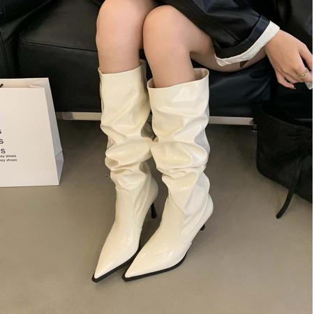 X-32873# 复古堆堆靴女高跟尖头长筒靴秋冬新款细跟欧美骑士长靴西部牛仔靴 鞋子批发女鞋批发货源