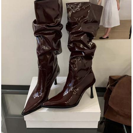 X-32873# 复古堆堆靴女高跟尖头长筒靴秋冬新款细跟欧美骑士长靴西部牛仔靴 鞋子批发女鞋批发货源