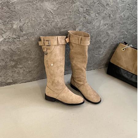 X-32874# 羊皮版绒面不过膝长靴女新款粗跟圆头堆堆靴褶皱百搭高筒靴 鞋子批发女鞋批发货源