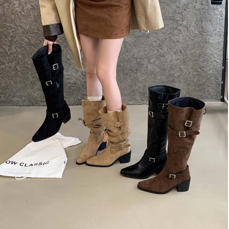 X-32875# 过膝长靴女粗跟长筒靴秋冬季大腿围靴子法式高跟褶皱堆堆靴 鞋子批发女鞋批发货源