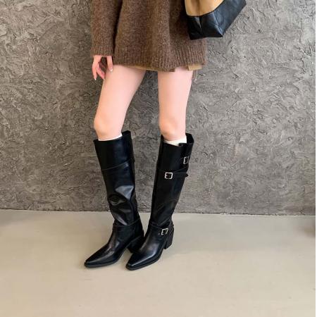 X-32875# 过膝长靴女粗跟长筒靴秋冬季大腿围靴子法式高跟褶皱堆堆靴 鞋子批发女鞋批发货源