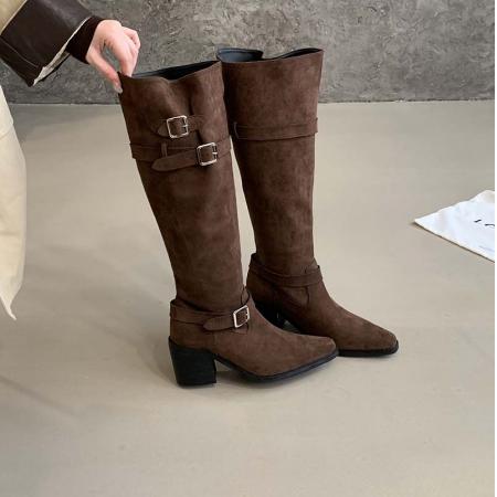 X-32875# 过膝长靴女粗跟长筒靴秋冬季大腿围靴子法式高跟褶皱堆堆靴 鞋子批发女鞋批发货源