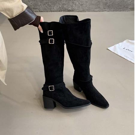 X-32875# 过膝长靴女粗跟长筒靴秋冬季大腿围靴子法式高跟褶皱堆堆靴 鞋子批发女鞋批发货源